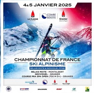 Affiche de l'événement, en arrière plan des montagnes, au centre un alpiniste en action et en dessous les modalités, le tout recouvert d'un filtre du drapeau de la France en transparence.