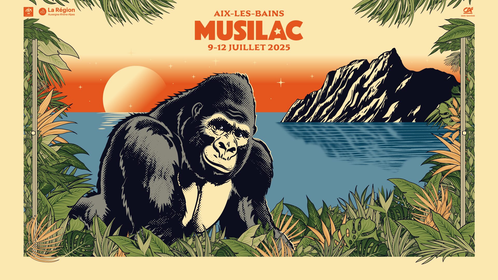 Affiche de Musilac 2025. Sur la largeur du bas, de l'eau, sur la droite une montagne à la limite de l'eau et sur la gauche une pleine lune à la limite de l'eau et son reflet. En premier plan un gros gorille, au dessus le logo de Musilac et les dates. Le tout est encadré par différentes feuilles.