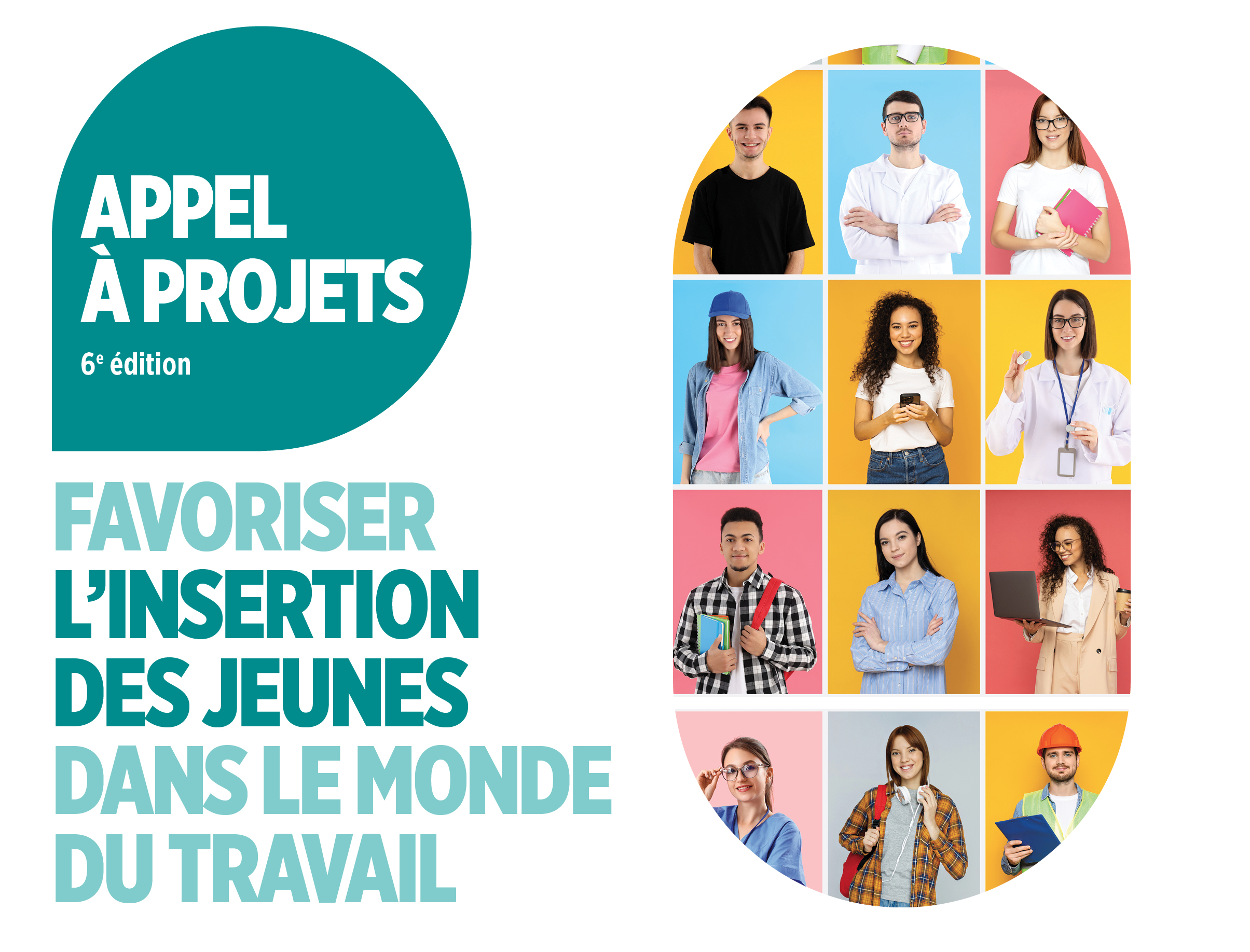 Visuel avec une mosaïque d'images de jeunes. Appel à projet favoriser l'insertion des jeunes dans le monde du travail